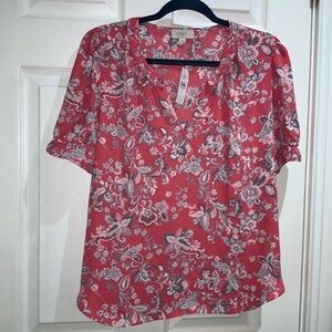 Loft Outlet paisley split neck short sleeve blouse Sz S ruffle neckline